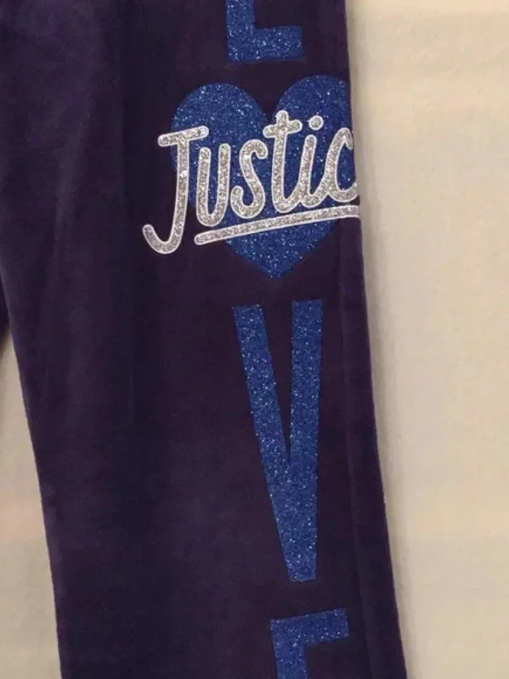 Justice navy blue velour glitter LOVE graphic sweatsuit pants